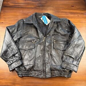 Vintage‎ 90s Genuine Leather Works Black Full Zip Bomber Jacket XL